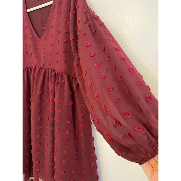 Amaryllis Burgundy Swiss Dot Long-Sleeve V-Neck Chiffon Babydoll Dress XL - Picture 3 of 7
